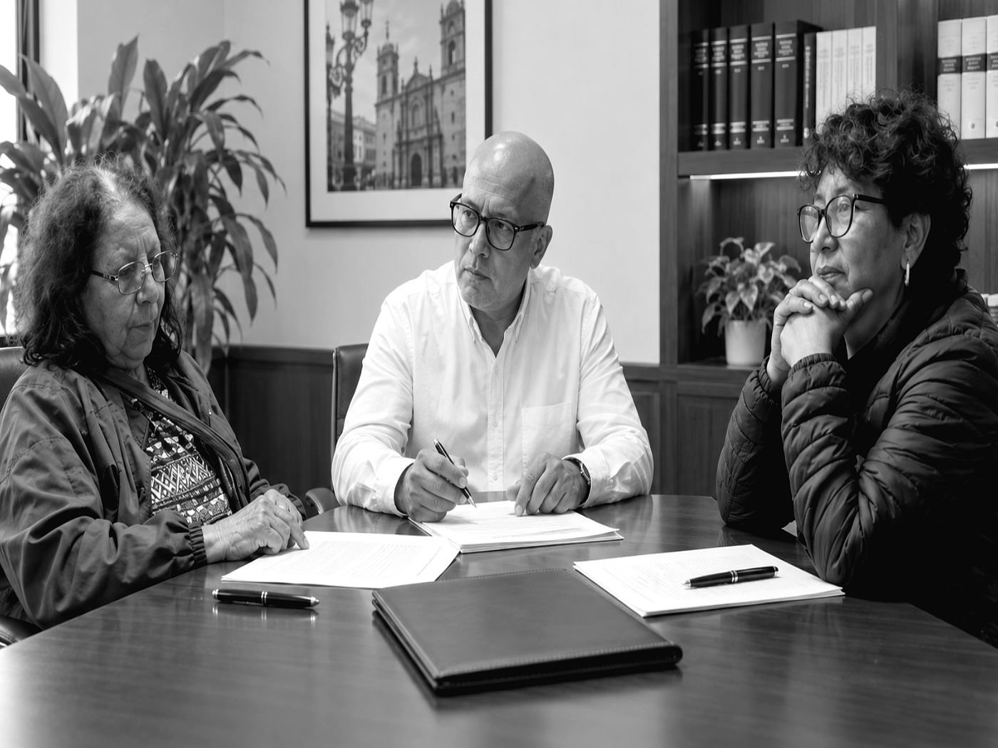 Clientes del estudio durante una reunión de caso